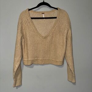 Free People Textured Knit V Neck Cropped Sweater Tan Women Size Medium